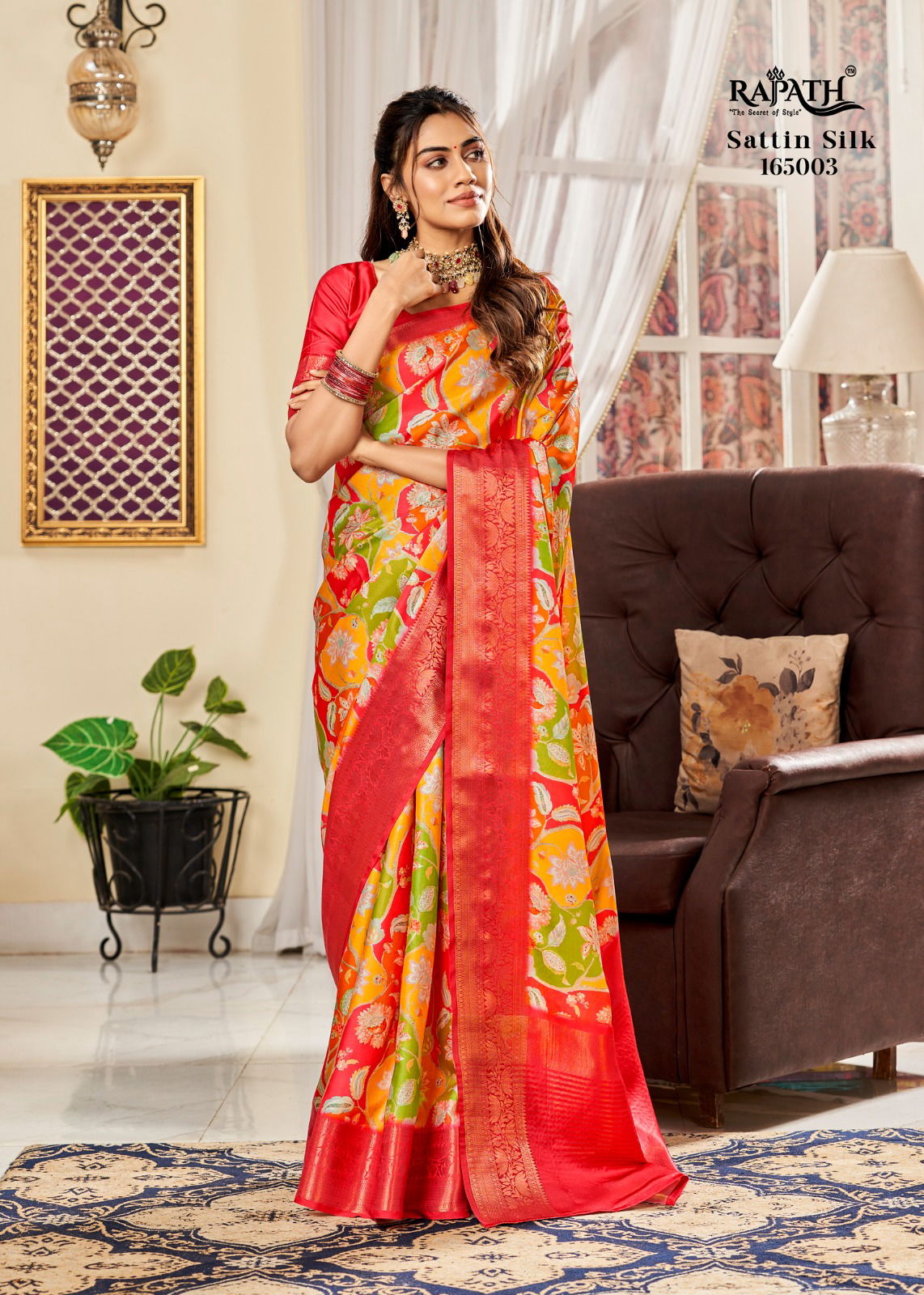 Sunheri Rajpath Designer Satin Printed Sarees Catalog